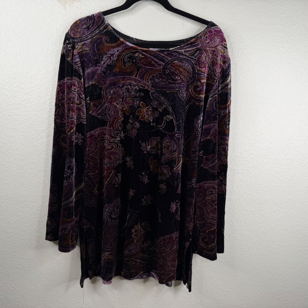 Coldwater Creek Whimsigoth Velvet Top XL Dark Floral Romantic Purple Gold Tunic